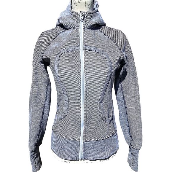 Lululemon Athletica White Black Microstripe Thumbhole Zip Scuba Hoodie Size 4 - Picture 3 of 10